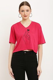 AMLA FASHION Women Printed V Neck Pink T-Shirt