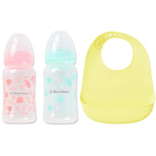 Smart Angel Japan Baby Feeding Bottle (Pack of 2, 250ml Each) and Waterproof Silicone Apron / Bib For Kids, Combo Set