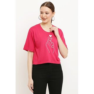                       AMLA FASHION Women Printed Round Neck Pink T-Shirt                                              