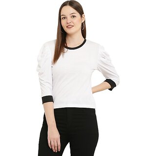                       AMLA FAISHON Women Solid Round Neck White T-Shirt                                              