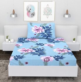 Homeberry Sky Blue Flower Single Bedsheet with Single Pillow Cover