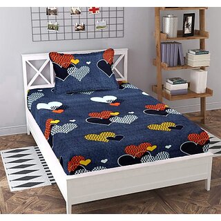                       Homeberry Grey Multi Heart Single Bedsheet with Single Pillow Cover                                              