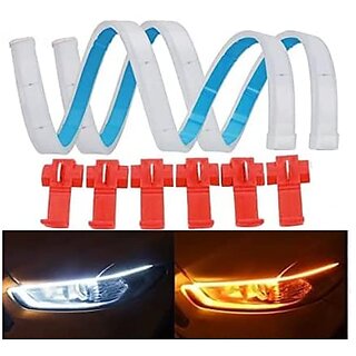                       IIVAAS Set of 2 Sequential Flow Universal Ultra-fine 60cm DRL  Daytime Running Light  Flexible  Soft  Tube Guide Car LED Strip  White and Yellow Color (with 6 PCS Scotch Lock Crimp Connector)                                              