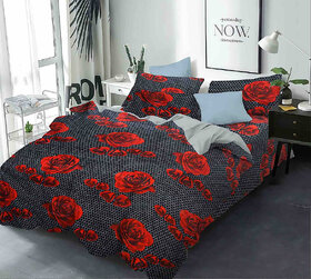BLACK BEE  Bedsheet with black polka dot and rose printdouble bedsheet with 2 Pillow Covers (208 X 213 cm)(BS-04)