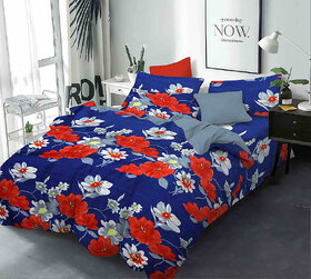BLACK BEE  Blue bedsheet with red and grey flower printdouble bedsheet with 2 Pillow Covers (208 X 213 cm)(BS-07)