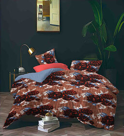 BLACK BEE  Maroon flowers print on brown double bedsheet with 2 Pillow Covers (208 X 213 cm)(BS4-03)
