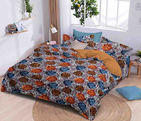 BLACK BEE  Orange  blue flowers print double bedsheet with 2 Pillow Covers (208 X 213 cm)(BS4-04)