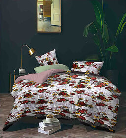 BLACK BEE  Flowers print on white base bedsheet double bedsheet with 2 Pillow Covers (208 X 213 cm)(BS4-07)
