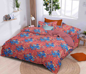 BLACK BEE  Blue flower on pink base bedsheet double bedsheet with 2 Pillow Covers (208 X 213 cm)(BS4-08)