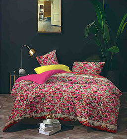 BLACK BEE  Pink flowers  print on Pinkbase double bedsheet with 2 Pillow Covers (208 X 213 cm)(BS8-02)