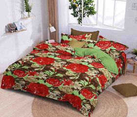 BLACK BEE  Red hibiscus flowers print on brown base double bedsheet with 2 Pillow Covers (208 X 213 cm)(BS8-03)