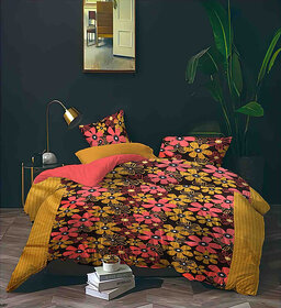 BLACK BEE  Pink  yellow flowers print on brown base double bedsheet with 2 Pillow Covers (208 X 213 cm)(BS8-04)