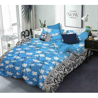 BLACK BEE  White lily flowers on aqua blue base 
double bedsheet with 2 Pillow Covers (208 X 213 cm)(BS-08)