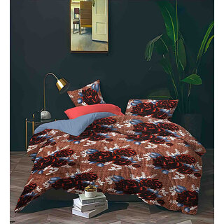 BLACK BEE  Maroon flowers print on brown 
double bedsheet with 2 Pillow Covers (208 X 213 cm)(BS4-03)