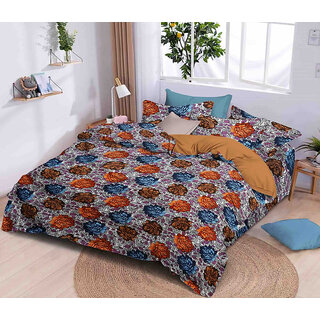 BLACK BEE  Orange  blue flowers print double bedsheet with 2 Pillow Covers (208 X 213 cm)(BS4-04)