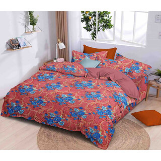 BLACK BEE  Blue flower on pink base bedsheet double bedsheet with 2 Pillow Covers 208 X 213 cm BS408