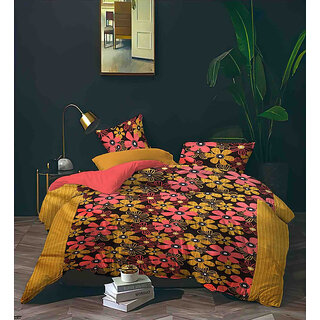                       BLACK BEE  Pink  yellow flowers print on brown base   double bedsheet with 2 Pillow Covers (208 X 213 cm)(BS8-04)                                              