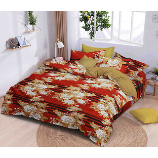                       BLACK BEE  White  yellow rose print on rust colour base double bedsheet with 2 Pillow Covers (208 X 213 cm)(BS8-05)                                              