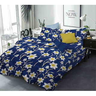                      BLACK BEE  White flowers print on navy blue base   double bedsheet with 2 Pillow Covers (208 X 213 cm)(BS8-08)                                              