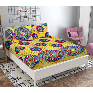                       BLACK BEE  Jaipuri Mandala print on yellow base 3D  double bedsheet with 2 Pillow Covers (208 X 213 cm)(BS17-02)                                              
