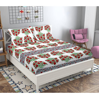                       BLACK BEE  Jaipuri Red flowers print    3D double bedsheet with 2 Pillow Covers (208 X 213 cm)(BS17-03)                                              