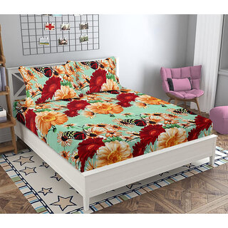                       BLACK BEE  Blue pink green floral print   3D double bedsheet with 2 Pillow Covers (208 X 213 cm)(BS20-01)                                              