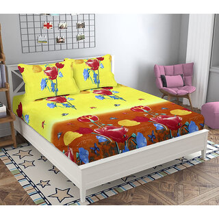                       BLACK BEE  Red  yellow tulip 3D print   double bedsheet with 2 Pillow Covers (208 X 213 cm)(BS20-04)                                              