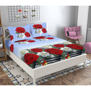                       BLACK BEE  White  red gerbera Floral 3D print   double bedsheet with 2 Pillow Covers (208 X 213 cm)(BS20-06)                                              