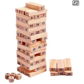                       Thriftkart Wooden Blocks Challenging 48pc Wooden Tumbling Tower with 4 Dices, Challenging Maths Game for Adults and Kids                                              