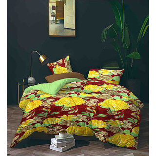                       BLACK BEE Yellowflowers print on reddish,brown doublebedsheet with 2Pillowcovers (208X213cm)(BS8-01)                                              