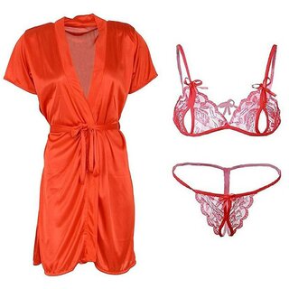                       Lovie's Women Red Robe and Lingerie Set (Pack of 3)                                              