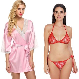                       Lovie's Women Pink, Red Robe and Lingerie Set (Pack of 3)                                              
