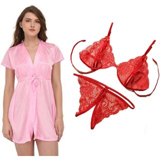                       Lovie's Women Red, Pink Robe and Lingerie Set (Pack of 3)                                              