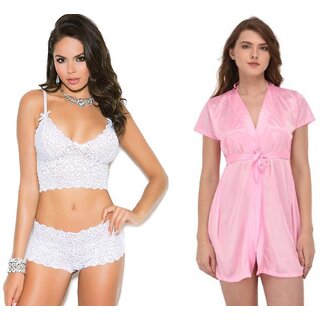                      Lovie's Women White, Pink Robe and Lingerie Set (Pack of 3)                                              