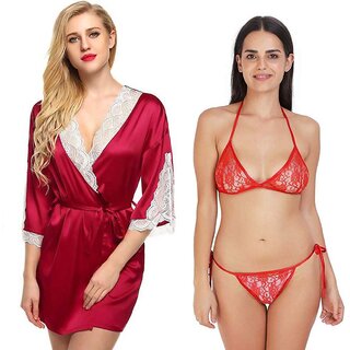                       Lovie's Women Maroon, Red Robe and Lingerie Set (Pack of 3)                                              
