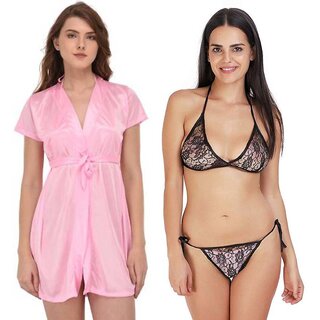                       Lovie's Women Pink, Black Robe and Lingerie Set (Pack of 3)                                              