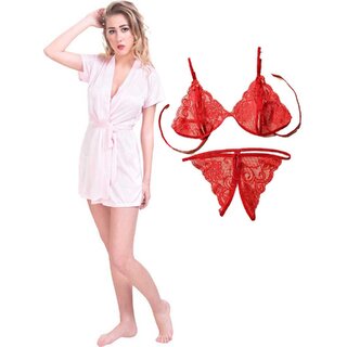                       Lovie's Women Red, Pink Robe and Lingerie Set (Pack of 3)                                              