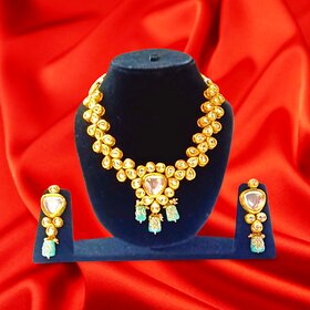 Gold Plated Meena Work Kundan Stone  Pearl Beads Choker Necklace With Earring Jewellery Set