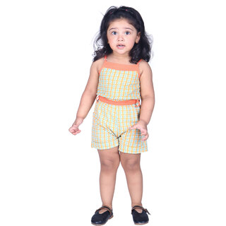                       Kid Kupboard Cotton Baby Girls Top and Short Multicolor, Sleeveless, Square Neck                                              