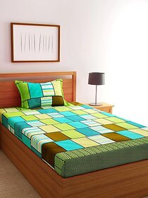 Homeberry Light Green Square Single Bedsheet with Single Pillow Cover