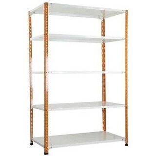                       Spacious Slotted angle crc sheet 5 shelves multipurpose powder coating storage rack 122486 ( Orange & ivory ) Luggage Rack 20 Gauge shelves & 14 Gauge Angle Luggage Rack Luggage Rack                                              