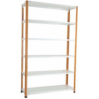                       Spacious Slotted angle crc sheet 6 shelves multipurpose powder coating storage rack 123688( Orange & ivory ) Luggage Rack 20 Gauge shelves & 14 Gauge Angle Luggage Rack Luggage Rack                                              