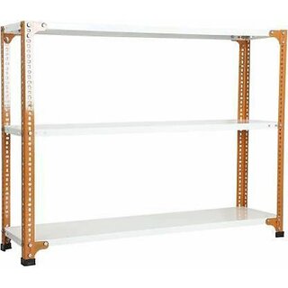                       Spacious Slotted angle crc sheet 3 shelves multipurpose powder coating storage rack 122435 ( Orange & ivory ) Luggage Rack 20 Gauge shelves & 14 Gauge Angle Luggage Rack Luggage Rack                                              