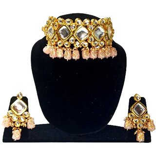 Kundan Jewellery Gold Plated Hand Made Meenakari Wedding Collection Necklace Earring Set Pink Stone for Women  Girls