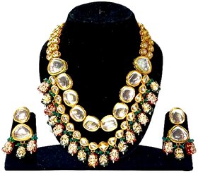 Kundan Hand Made Meenakari Gold Plated  Jewellery Kundan Pearl Necklace Green Maroon Stone Set with Earrings For Wo