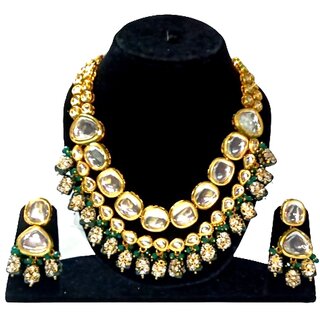 Kundan Hand Made Meenakari Gold Plated Traditional Jewellery Kundan Pearl Necklace Green Stone Set with Earrings For Wo