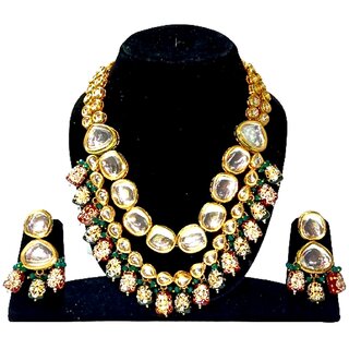                       Kundan Hand Made Meenakari Gold Plated  Jewellery Kundan Pearl Necklace Green Maroon Stone Set with Earrings For Wo                                              