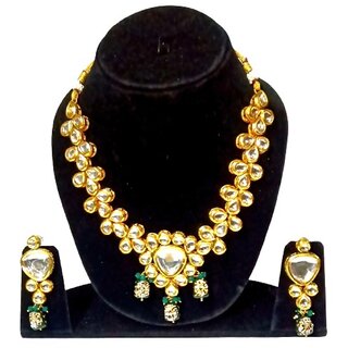                       Necklace Gold Plated Three Layers Kundan Stones Back Side Handmade Meena Work Green Jewelry Set for Women  Girls                                              