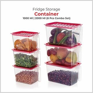                       JIYANSH Fridge storage containers and  jar Set Plastic Refrigerator Box  - 1000 ml, 2000 ml Plastic Fridge Container (Pack of 6, Red)                                              