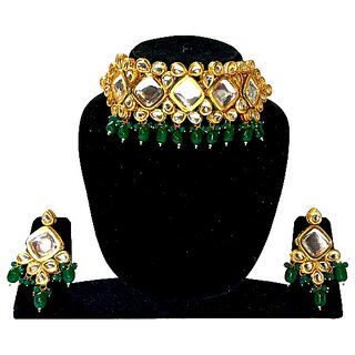 Necklace Gold Plated Three Kundan Stones Back Side Handmade Meena Work Green Jewelry Set for Women  Girls